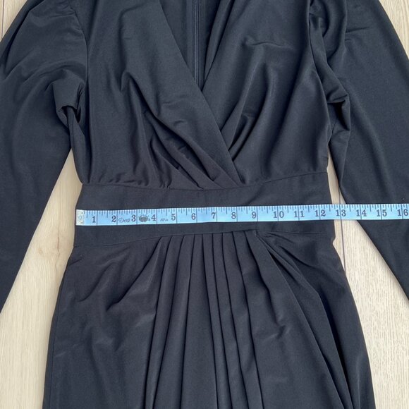 Vintage 80s Rimini Long Sleeve V-Neck Draped Tea Length Midi Black Dress Size 6 - Picture 10 of 14